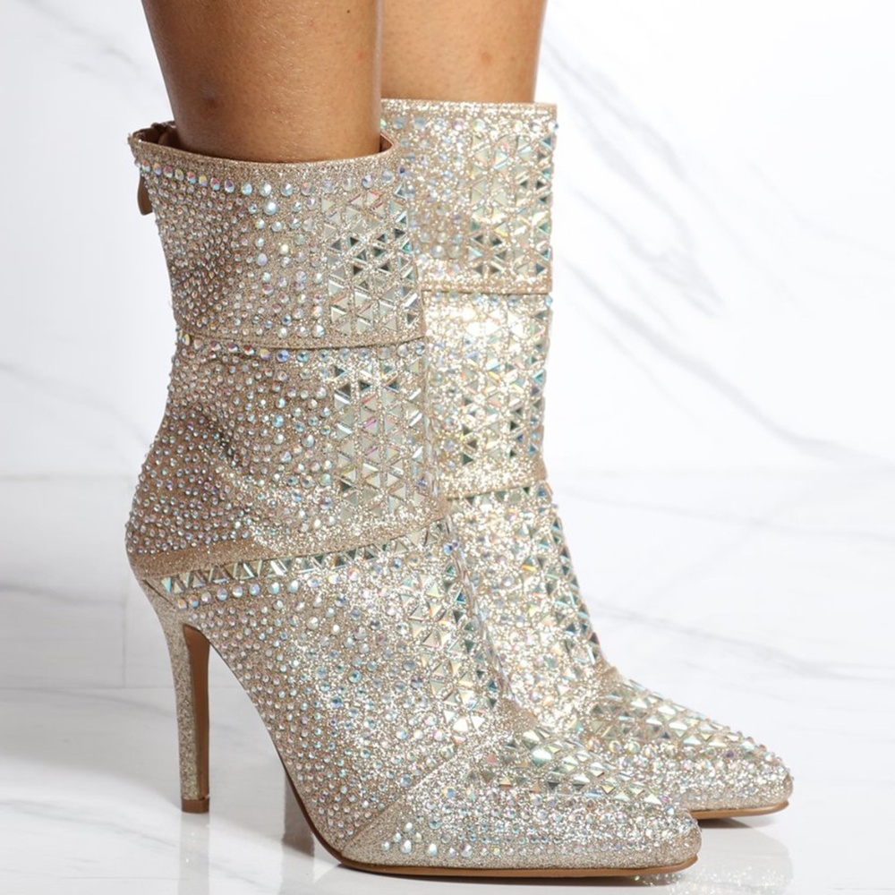 NEW🔥 Bling Gold Glitter Rhinestone Embellished Ankle Booties Boot Stiletto Heel - Picture 2 of 5